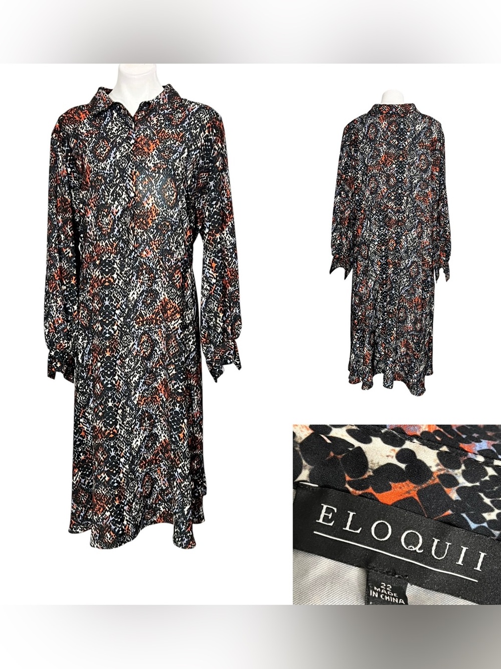 Eloquii Shirt Dress 22 Black multicolor long sleeve animal print snakeskin